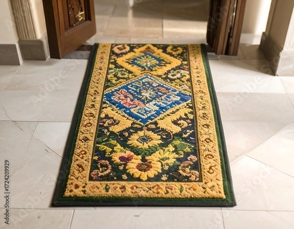 Obraz Rectangular doormat, intricate design, on tiled floor
