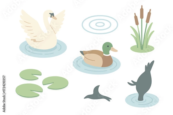 Fototapeta Waterfowl Pond Serenity. Isometric vector illustration set waterfowl pond swim dive: swan spreading wings, duck paddling gently,