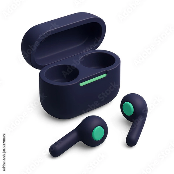 Fototapeta A pair of wireless earbuds with a charging case, designed for audio listening.