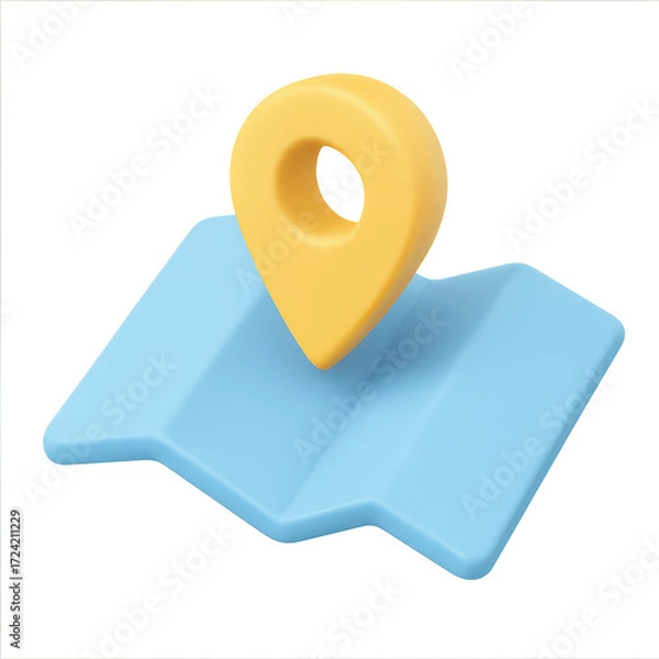 Fototapeta A 3D illustration of a map with a location pin, symbolizing navigation and location services.