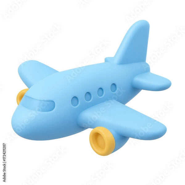 Fototapeta A blue toy airplane with yellow wheels, designed for children to play and learn about aviation.