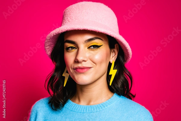Fototapeta Colorful studio portrait of young woman in pink bucket hat, bold yellow eyeliner and lightning earrings on neon background. generative AI