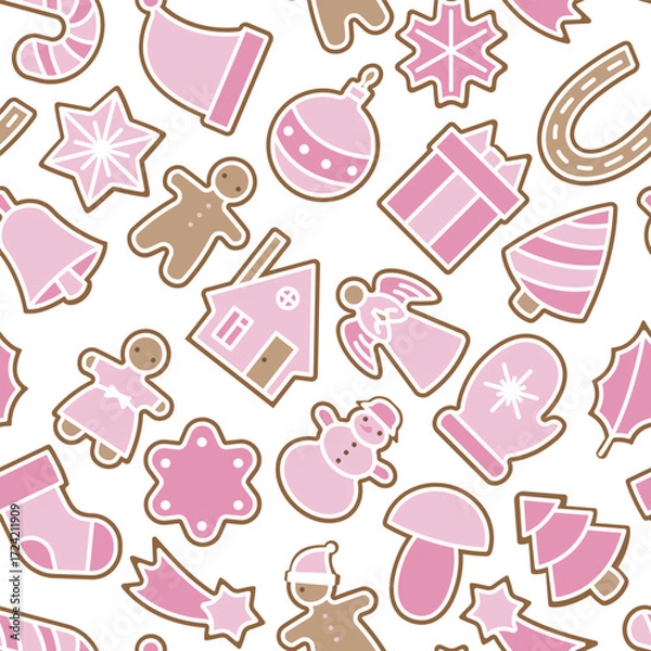 Fototapeta Seamless vector pattern with gingerbread cookies in holiday shapes. Festive Christmas background with traditional baked sweets outline for winter celebration and decoration design.