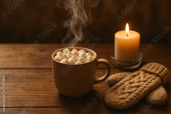 Fototapeta Steaming hot chocolate with marshmallows beside knitted mittens and candle—winter hygge comfort. generative AI