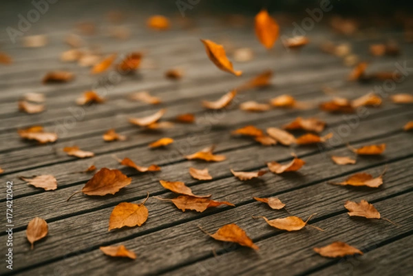 Fototapeta Shallow-focus wooden deck with small amber leaves drifting in breeze; peaceful fall moment. generative AI