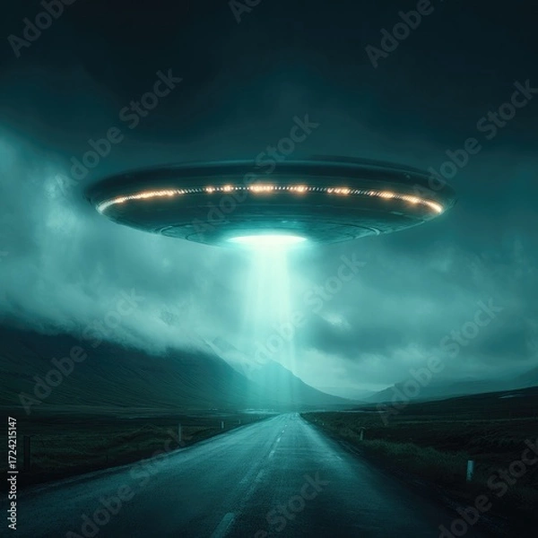 Obraz A mesmerizing, otherworldly scene depicts a futuristic spacecraft descending over a tranquil, misty roadway, bathed in ethereal light.