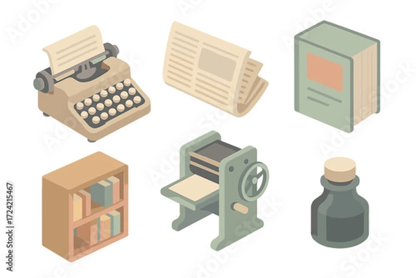 Fototapeta Vintage Publishing Icons. Isometric vector illustration set Vintage publishing: serif typewriter keys, newspaper sheet, magazine