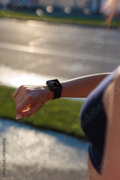 Fototapeta Young woman checking smartwatch during outdoor exercise in a urban setting, focusing on health and activity tracking
