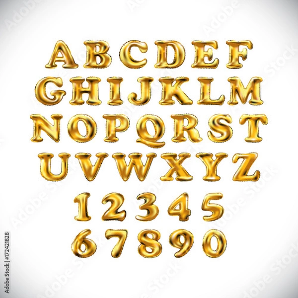 Obraz English alphabet and numerals from yellow Golden balloons on a white background. holidays and education