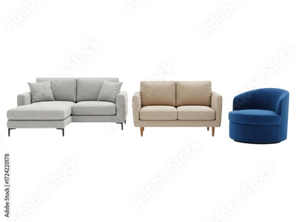 Fototapeta Modern living room furniture set grey chaise, beige sofa, blue armchair
