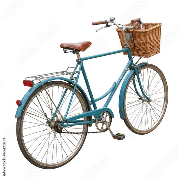 Obraz Vintage teal bicycle with wicker basket isolated on transparent background