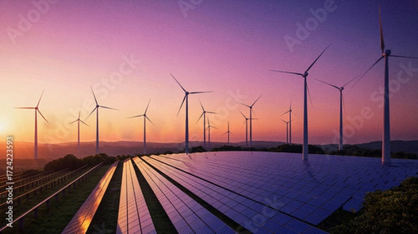 Fototapeta Futuristic eco landscape at sunset with glowing solar panels, tall wind turbines, and radiant sky illustrating renewable energy, sustainability, and clean green technology themes