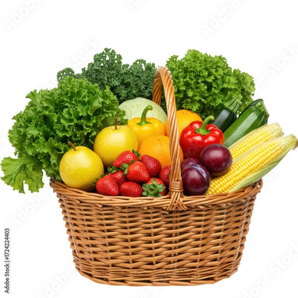 Obraz Wicker basket filled with fresh fruits and vegetables isolated on transparent background