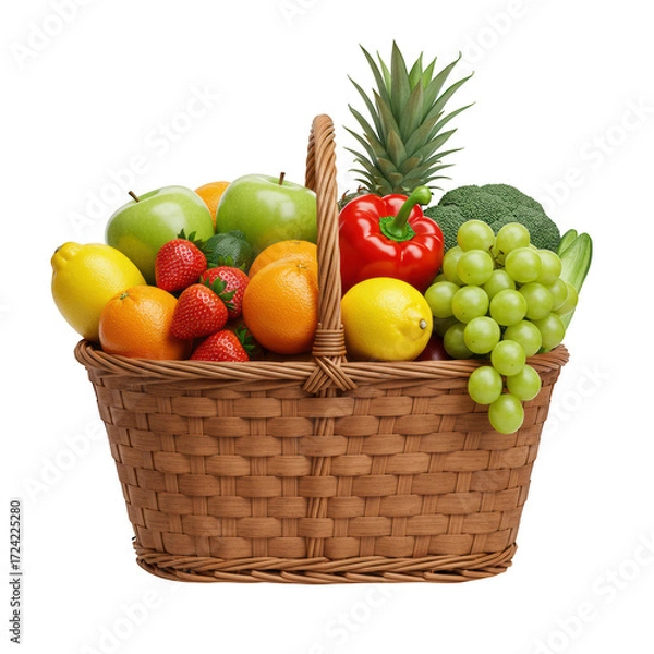 Fototapeta Wicker basket of fresh fruits and vegetables isolated on transparent background