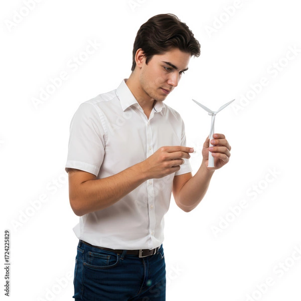 Obraz Young man examining a wind turbine model isolated on transparent background