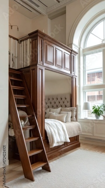 Fototapeta micro neoclassic loft vertical, walnut closet stair, loft bed with tufted headboard, arched window, cream walls, soft daylight, depth of field