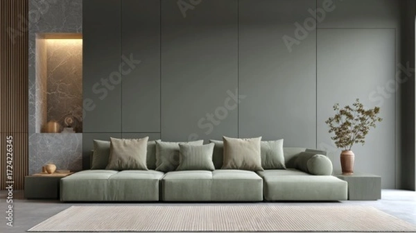 Fototapeta minimalist living room full view, sage green modular sofa, wall niche with hidden warm light, matte mocha wall, smooth textures, cozy balance