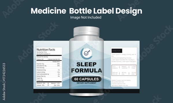 Fototapeta Editable medicine bottle label mockup featuring a sleep formula dietary supplement design with nutrition facts and directions for product branding.
