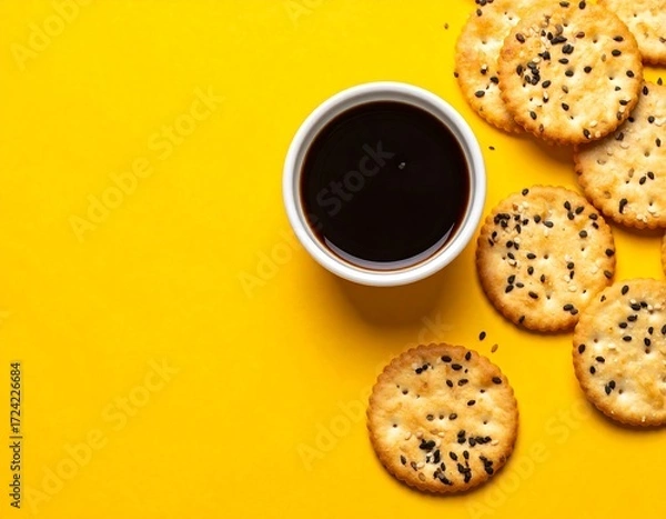 Obraz Sesame crackers and dipping sauce on a bright yellow background