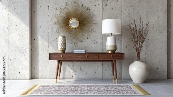 Fototapeta eclectic entryway, walnut console table, sunburst brass mirror, patterned runner rug, ceramic table lamp, concrete wall, balanced exposure, depth
