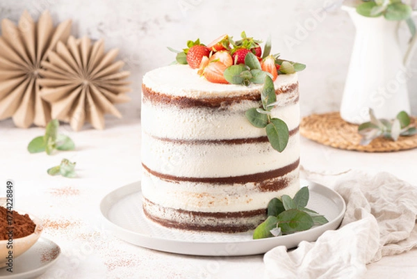 Obraz Striking naked cake with layers of rich chocolate and vanilla cream, elegantly topped with fresh strawberries and eucalyptus