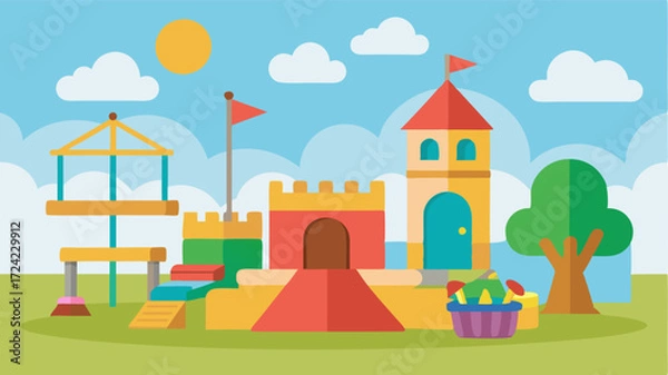 Fototapeta A section of the playground dedicated to imaginative play with a mini playhouse sandboxes and dressup clothes for the kids to engage in creative roleplaying.