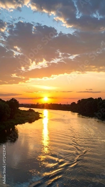 Obraz Sunset over a river, vibrant sky, calm water