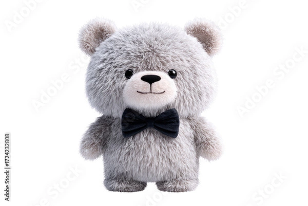 Fototapeta Adorable fluffy grey teddy bear wearing a black bow tie, isolated on a transparent background. background removed