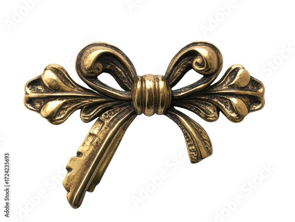 Fototapeta Antique Gold Key Brooch with Elegant Ribbon Design