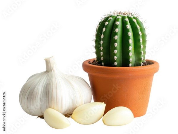 Fototapeta Potted cactus paired with garlic bulbs for rustic charm in home interiors