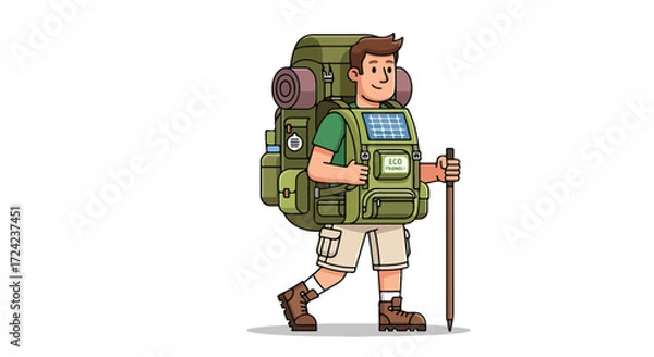 Obraz Cartoon male hiker with a large green backpack and walking stick.