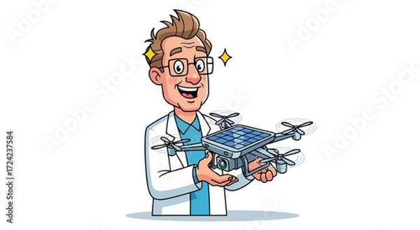 Fototapeta Happy scientist presenting solar drone technology.