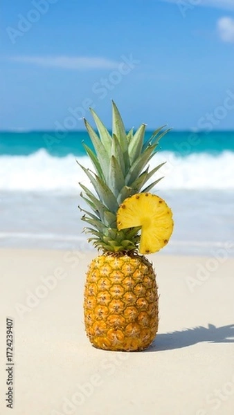 Obraz Pineapple on beach, slice atop