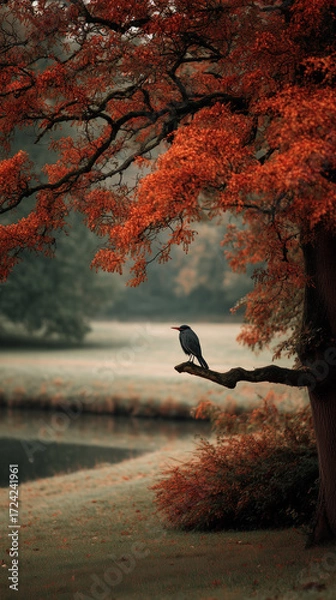 Fototapeta Autumn scene with a bird perched on a branch of a tree with vibrant red leaves near calm body of water and a softly lit landscape.