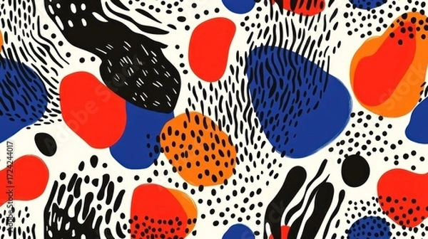 Fototapeta Abstract seamless pattern with organic shapes, dots, and lines.  Vibrant colors and bold black accents create a dynamic visual effect