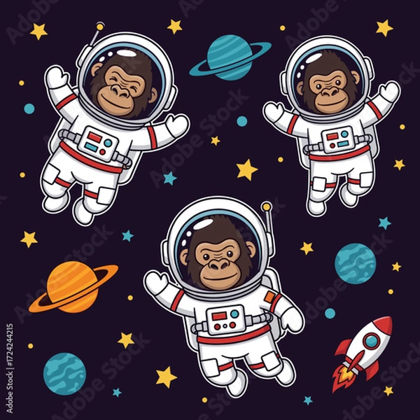 Fototapeta Smiling cartoon monkeys as astronauts float in starry outer space with planets and a rocket