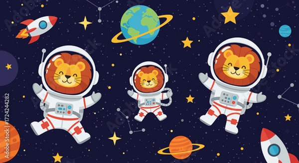 Fototapeta Cute cartoon lions in astronaut suits explore the vast space with rockets and planets