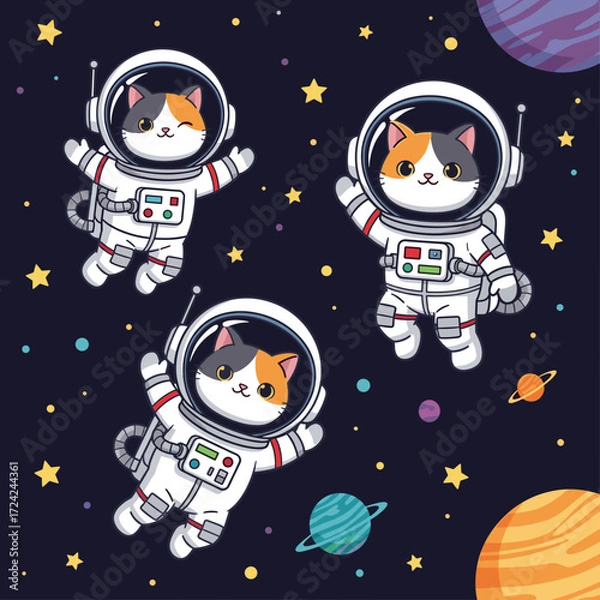 Fototapeta Cute calico astronaut cats explore starry outer space with colorful planets Childlike wonder