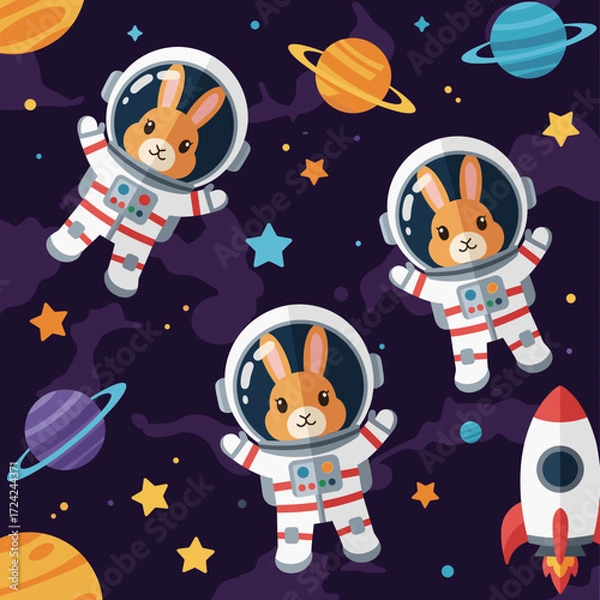 Fototapeta Adorable astronaut bunnies explore space amidst planets and stars with a rocket Perfect for kids themes