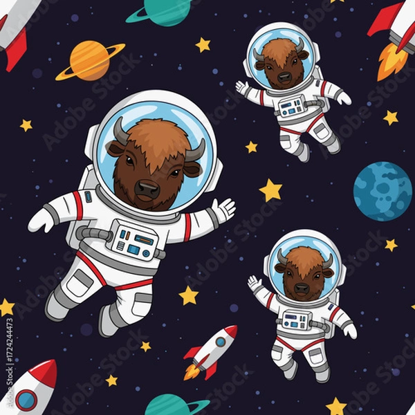 Fototapeta Whimsical bison astronauts explore space surrounded by planets and rockets Fun cosmic adventure