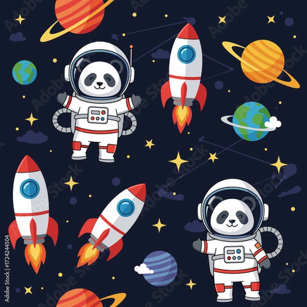 Fototapeta Cute pandas in astronaut suits explore outer space with rockets planets and stars Kids science adventure