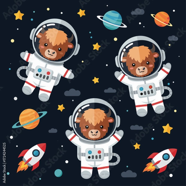 Fototapeta Cute cartoon yaks in astronaut suits explore space with planets stars and rockets Kids adventure