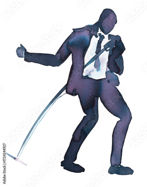 Fototapeta Elegant silhouette of a performer passionately singing with a microphone during a nighttime event