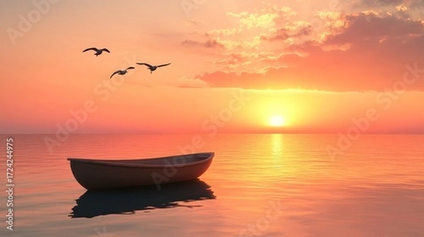 Fototapeta A lone boat floats on a calm sea at sunset. Three birds soar above
