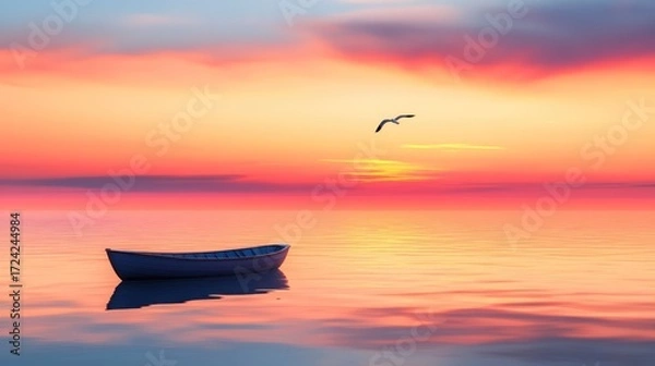 Fototapeta Tranquil sunrise over a still lake with a small boat.  A solitary seagull soars against a vibrant, multicolored sky