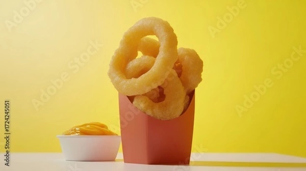 Fototapeta Crispy onion rings in a cardboard box, beside a bowl of dipping sauce, against a bright yellow background