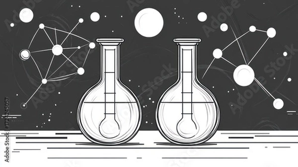 Fototapeta Two flasks against a cosmic backdrop, outlined in monochrome