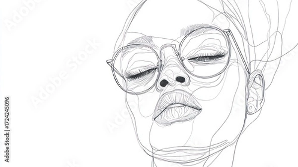 Fototapeta Abstract line art portrait of a woman.  Elegant, serene female face with glasses, depicted with delicate, flowing lines