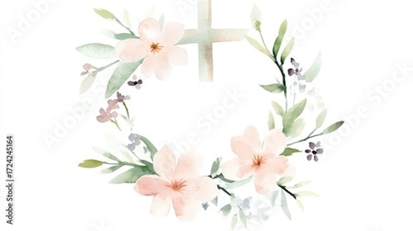 Fototapeta Delicate floral wreath with cross.  Soft pastel flowers, leaves, and greenery form a circular frame around a simple cross