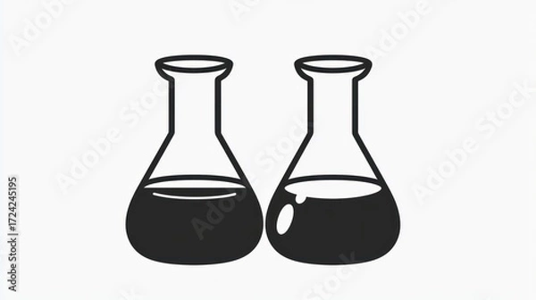 Fototapeta Two identical, dark-shaded, simple-line-art, glass beakers or flasks, filled with a dark liquid, on a plain white background